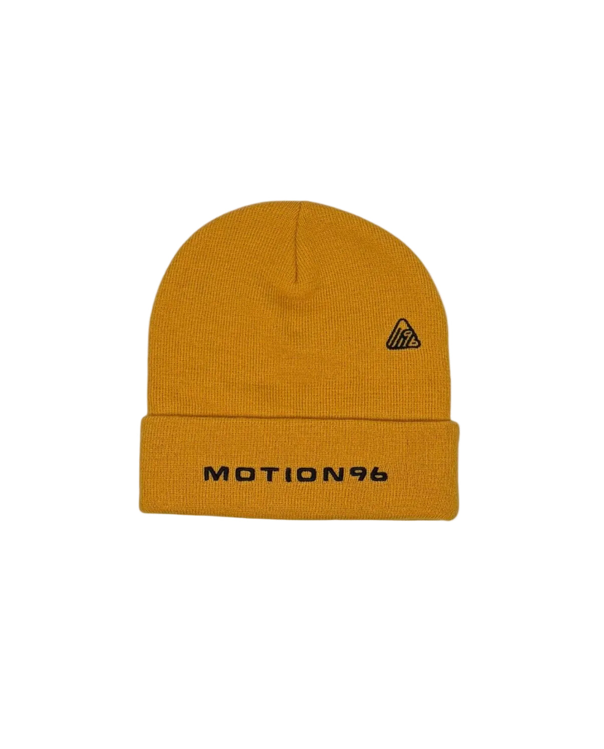 Mustard yellow beanie with 'MOTION96' logo.