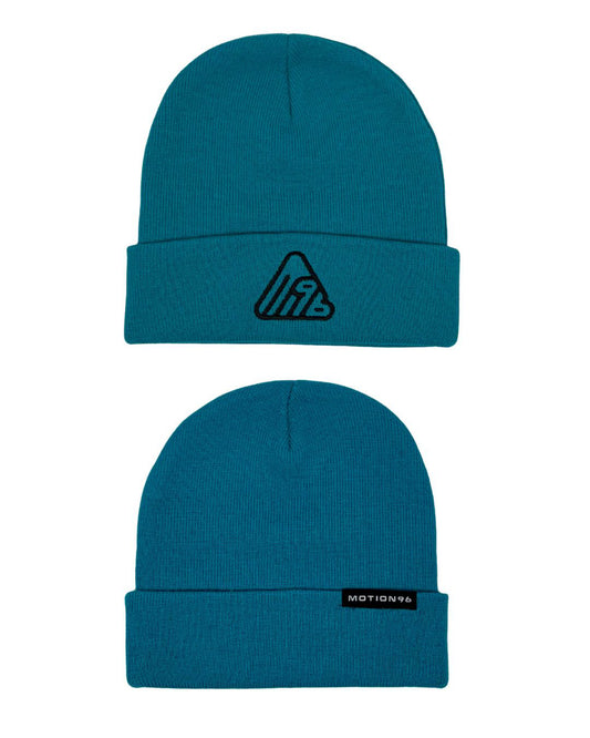 One teal beanie with two black logos, can be worn anyway.